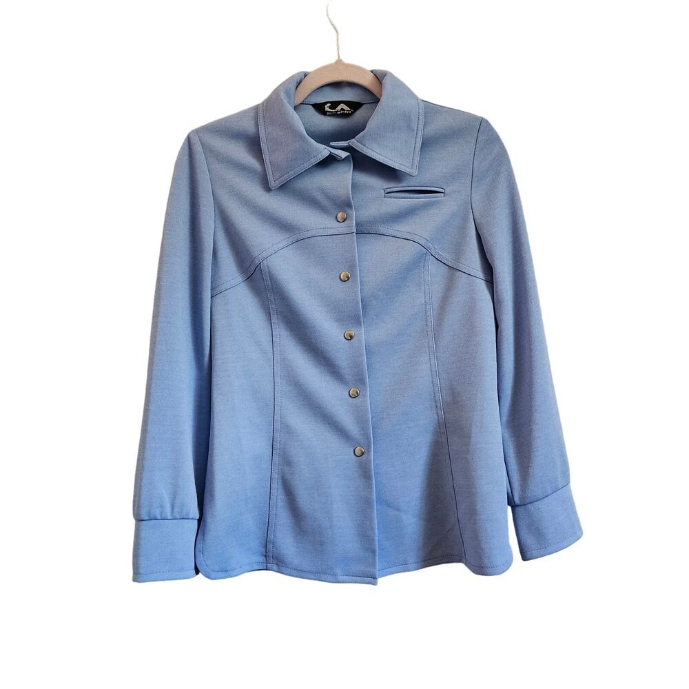 Vintage 70s shirt jacket blue size XS S double knit polyester contrast seam